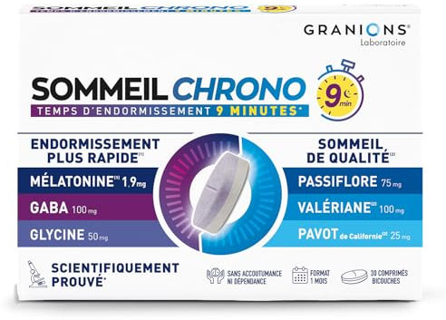 GRANIONS SOMMEIL CHRONO - Melatonine 1,9 mg Sommeil Adulte - Mélatonine + Valeriane + Passiflore + GABA - Sommeil 9 min temps d'endormissement - Melatonine Action Rapide - 1 MOIS-30 Comprimés bicouche