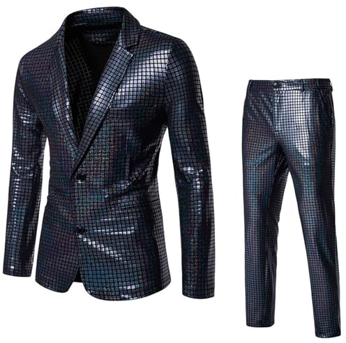 Anzug Herren 2 Teilig Disco Sets Glitzer Jacke und Hose Metallic Glänzende Pailletten Anzüge für Discokugel Party Karneval Kustüm Hochzeit 70er 80er Jahre Outfit Mottoparty Elegant Herrenanzüge