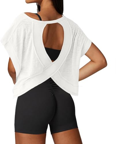 UNIANKIYA Open Back Workout Tops for Women Loose Fit Athletic Crop Tee Short Sleeve Gym Running Yoga Shirt White