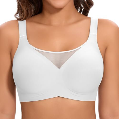 Cavotor Non Wired Bras for Women Seamless Push Up Bra T Shirt Soft Comfort Support Bras for Saggy Breasts Lace Wireless Bralettes with Bra Extender (White,XL)