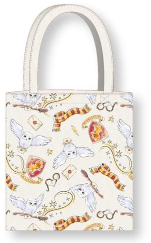 Cerdà Harry Potter Tote Bag à longues poignées - 36 x 39 cm - Polyester et coton - Motif Gryffondor et Hedwige - Blanc