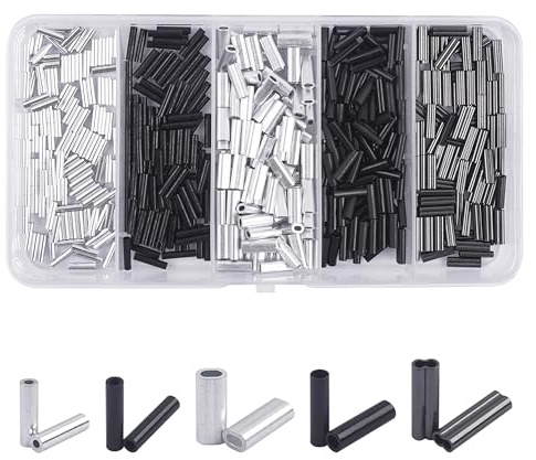 JOGFFDE 500 Stück Angeln Crimp Hülsen Kit Single Double Barrel Crimp Loop Sleeve Aluminium Kupfer Kabel Ferrule Drahtseil Verbinder Rohr Angelschnur Crimps für Leader Rigging Angelgerät