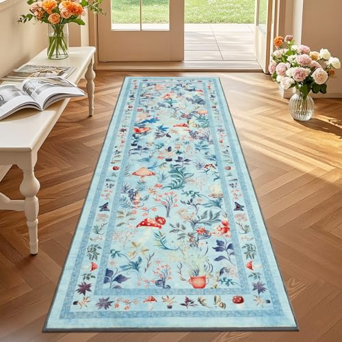 GEANUP Teppich Läufer Flur 60x180 cm, Blau Küchenläufer Waschbar rutschfest, Weicher Schlafzimmer Teppich Läufer, Märchen-Pilz Flurteppich für Korridor Waschküche Wohnzimmer Kinderzimmer