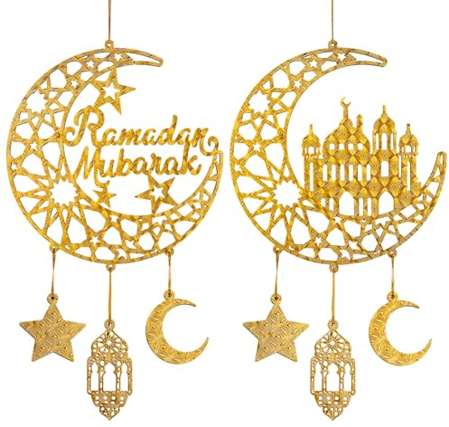 Eid Hängendes Zeichen 2 PCS aus Holz, Ramadan Mubarak Dekoration Hohlornament, Ramadan Kareem Dekoration Wand, Eid Mubarak Schmücken Mond Stern, Bayram Deko, für Türen, Wände (A)