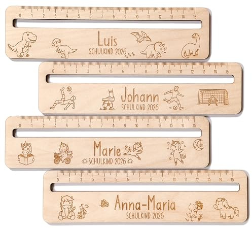 Personalisiertes Lineal mit Lesehilfe zur Einschulung 2026 mit Name aus Holz – Verschiedene Motive - Geschenk zur Einschulung, Schulanfang, 1. Klasse Schulkind Geschenk für Jungen und Mädchen