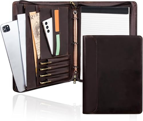 AZXCG Premium Leather Padfolio Binder for Men & Women - A4 Letter Size Notepad & iPad Pro 12.9 Compatibility,Zippered Padfolio Organizer, Portfolio Binder with Business Card Holder,Darkbrown