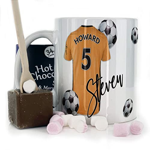 Personalised Belgian Milk Chocolate/Hot Chocolate Stirrer Marshmallow Gift Set, Custom Name/Number/Text on 11oz Happy Birthday Football Mug with Orange and Black Shirt