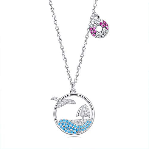 PHENIOTACE Damen Nautische Kette aus Echte 925 Sterling Silber mit Blauem Zirkonia, Segelboot, Möwe, Rettungsring und Wal, Geschenk für Sie 210226