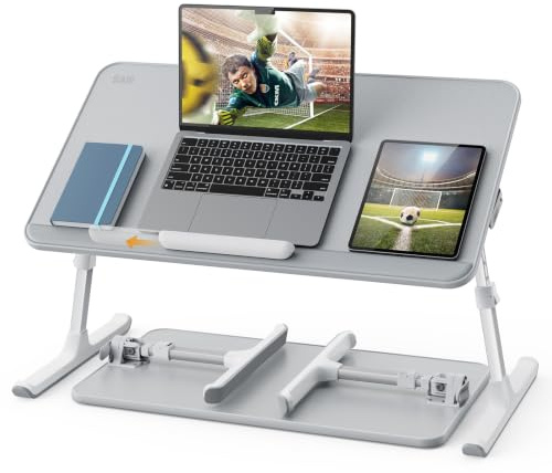 SAIJI Laptop-Bett-Tablett, PU-Leder, Verstellbarer Laptop-Ständer mit abnehmbarem Stopper, Notebook-Ständer, Grey