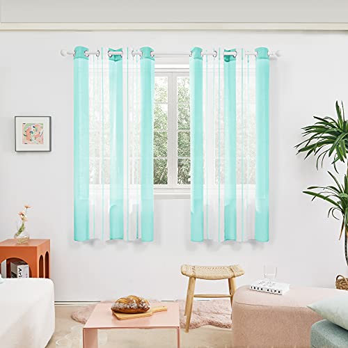 Deconovo Transparente Vorhänge mit Ösen, Stores Gardinen für Wohnzimmer, Voile Gardinen in Leinenoptik Nadelstreifen, 183x140 cm(HöhexBreite), Türkis, 2er Set