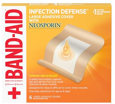 Band-Aid Brand Infection Defense Adhesive Wound Covers with Neosporin Antibiotic Ointment On The Pad for First Aid Wound Care, Bacitracin Zinc & Polymyxin B Sulfate, Sterile, Large, 6 ct