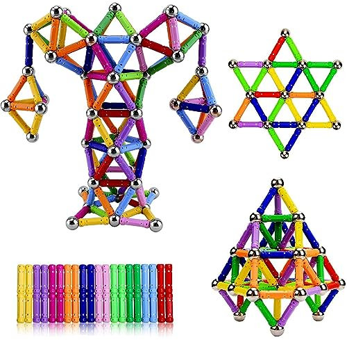 Jokooan Magnetische Bausteine,Magnetische Stöcke Set 144 pcs Magnetische Konstruktion Spielzeug Magnetblöcke Montessori Spielzeug STEM Lernspielzeug für Kinder (Color Random)