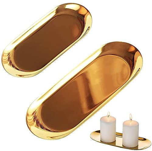 2 Pezzi Vassoio per Gioielli in Oro, Vassoio Porta Asciugamani in Acciaio Inox, Asciugamano Ovale Vassoio per Cosmetici Vassoio Decorativo per Conservare Candele, Bevande, Frutta, Profumi