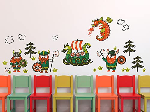 GRAZDesign Wandtattoo Wikinger Welt Kinderzimmer Junge, Wandaufkleber für Jungenzimmer, Wandsticker Jungs Drache Märchen 100x57cm