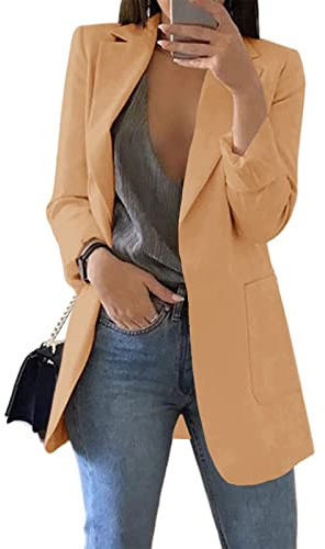 Cnkwei Womens Casual Blazers Open Front Long Sleeve Lapel Collar Work Office Jacket Khaki
