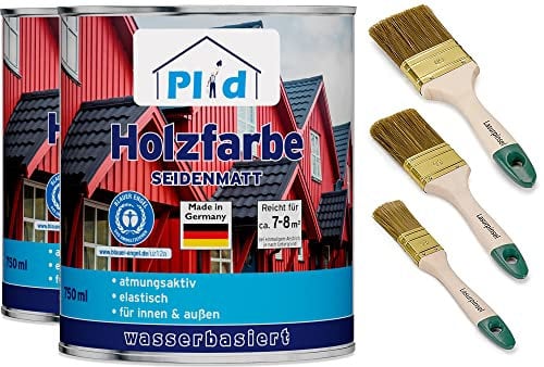Plid® Holzfarbe Holzlack Schwedenhausfarbe Landhausfarbe Dauerschutzfarbe Wetterschutzfarbe Holzschutzfarbe Holzschutz hochdeckend innen & aussen Blauer Engel 1,5l - Anstreichset