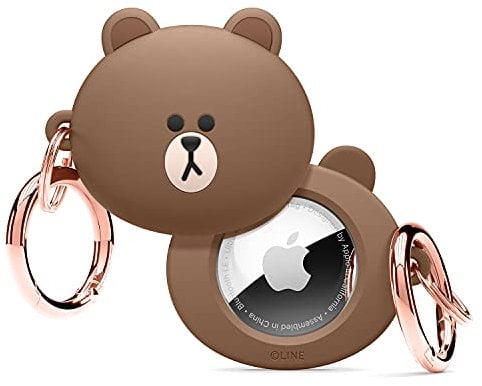 elago l LINE FRIENDS Custodia in Silicone Compatibile con Apple AirTags Tracker Cover - Protezione Completa Anti Cadute, Con Portachiavi, Design Semplice, Antigraffio [Merce Ufficiale] (BROWN)