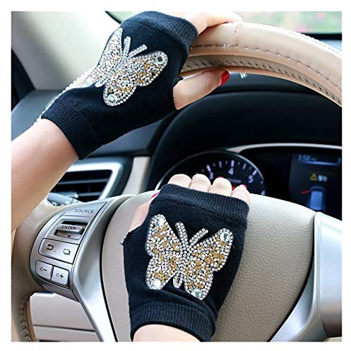 JBIVWW Winterhandschuhe der Frauenstickerei halbe Fingerhandschuhe Mädchen Gestrickte Handschuhe Männer guantes Warm (Color : Butterfly Yellow)
