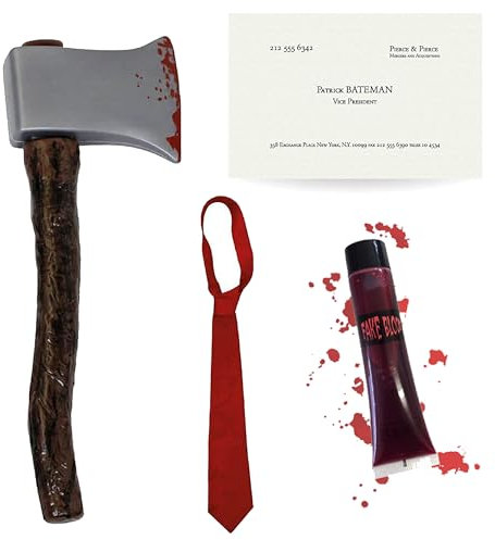 Set di Accessori di Patrick Bateman - Ascia Sanguinosa, Cravatta Rossa, Biglietto da Affari, Sangue Falso - Costume da Adulto Psycho Americano per TV & Film, Halloween