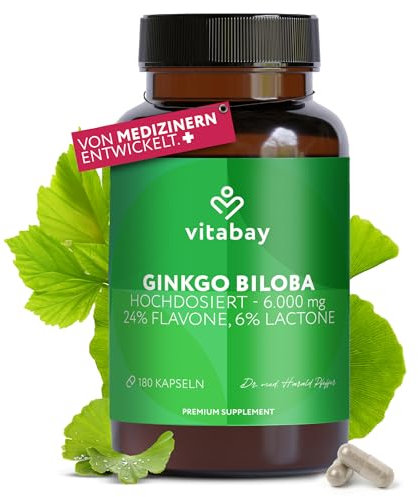 Vitabay Ginkgo Biloba 6000mg - 180 Ginkgo Capsules Vegan - Capsules with 24% Flavones & 6% Lactones - Laboratory Tested