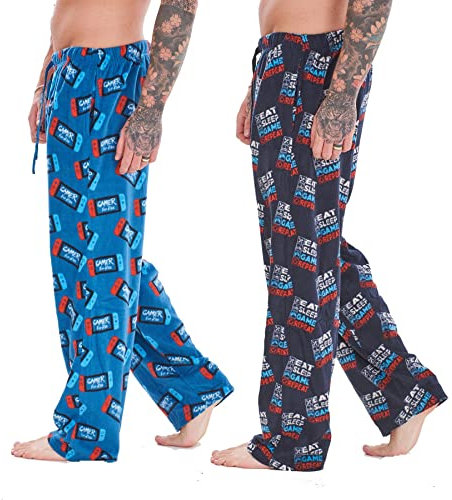 Keanu Mens Pack of 2 Gamer Lounge Pants | Eat Sleep Game Repeat Designs | Soft Fleece Sleep/Lounge Wear | Gamer Gift Idea - Mens Sizes S - 2XL (2XL)
