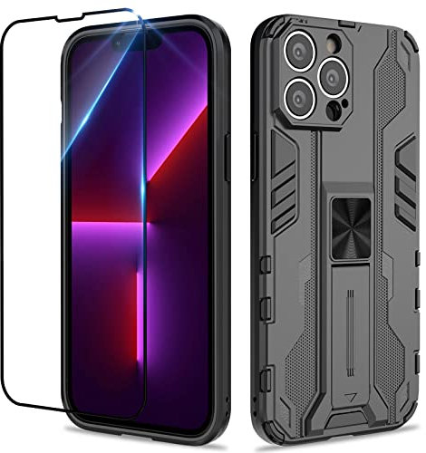 Btstring Case for iPhone 13 Pro Max and Screen Protector Tempered Glass, Heavy Duty Shockproof Tough Armour Case with Stand Protective Personalised Phone Cover - Black