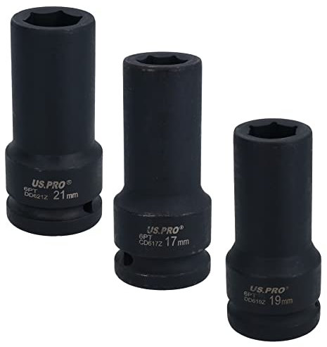 3/4 Drive 17 19 21mm Deep Metric MM Impact Socket 6 Sided Single Hex 3pc