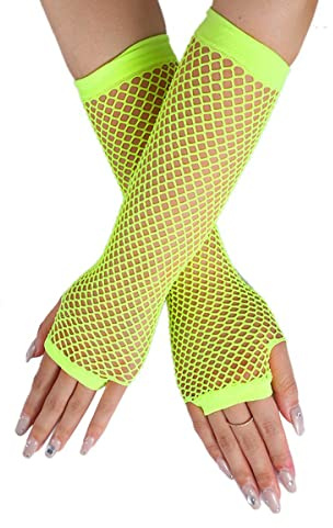Gants longs en résille, Jaune manchettes sans doigts, gants de déguisement en maille, accessoire de déguisement punk pour femmes, filles, enfants, déguisement des années 80, fournitures de soirée