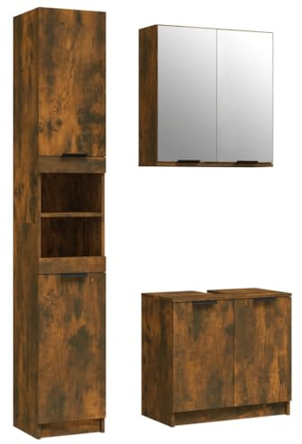 vidaXL Badmöbel Set 3-TLG. Unterschrank Hochschrank Badschrank Badezimmerschrank Wandschrank Spiegelschrank Badezimmermöbel Räuchereiche Holzwerkstoff