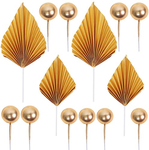 29Pcs Gold Cake Decorations Set, 4Pcs Paper Palm Cake Toppers and 25Pcs Cake Balls, DIY Cake Toppers Insert Decorations for Birthday, Wedding, Party Decoration