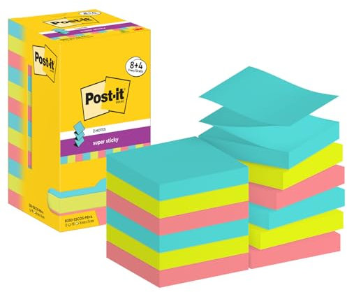 Post-it Super Sticky Z-Notes Cosmic Collection, Packung mit 12 Blöcken, 90 Blatt pro Block, 76 mm x 76 mm, Türkis, Grün, Pink - Extra-stark klebende Notizzettel für Notizen und To-Do-Listen, Mittel