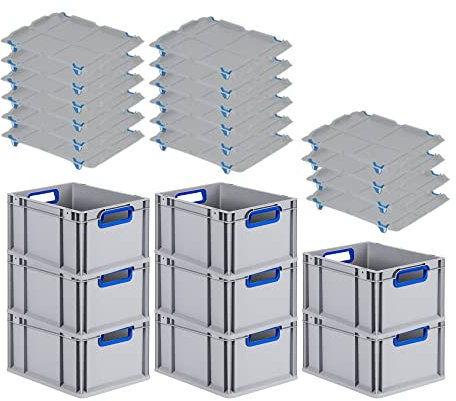 PROREGAL SuperSparSet 8x Eurobox NextGen Color mit Auflagedeckel & Schiebeschnappverschlüsse, HxBxT 22x30x40cm, 20L, Griffe blau offen, Glatter Boden, Eurobehälter Transportbox Transportbehälter