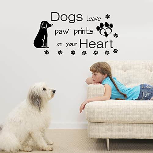 SUPERDANT Dog Wall Stickers Dogs Leave Paw Prints on Your Hearts Wall Art Stickers Dog Quotes Wall Decals Black Vinyl Paw Prints Art Stickers for Bedroom Decorations Wall Sticker Vinyl Transfer