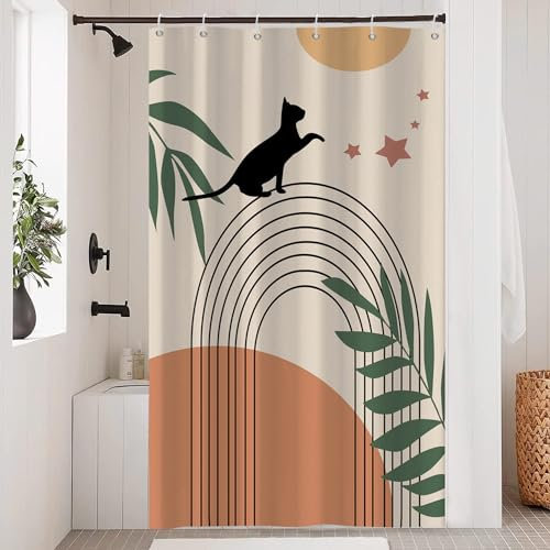 Hnmdmyi Tenda da doccia Boho 90x180, Metà secolo astratto nero gatto verde foglia fiocco sole luna beige tenda da bagno moderno minimalista geometrico estetico arte tenda da bagno con ganci
