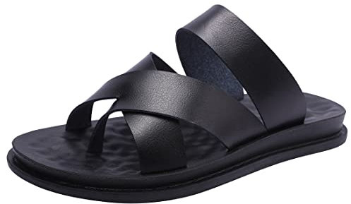 Harssidanzar Herren Männer Sandalen Hausschuhe Cross Straps Slide Slip on Flip Flops für Männer Toe Ring Style KM221EU,Schwarz, Größe 44