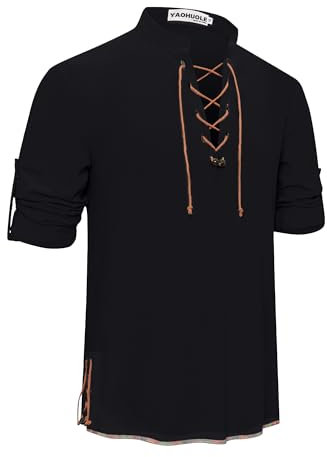 YAOHUOLE Mittelalter Leinenhemd Herren Herren Retro Schnürung Mittelalter Kostüm Hemden für Halloween Cosplay Schwarz 3XL