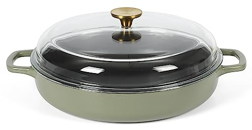 Sur La Table Kitchen Essentials Supper Club 3.75 Quart Enamel Cast Iron All In One Multi-Purpose Non-Toxic Nonstick Braiser Pan W/Borosilicate Glass Lid - Juniper Green