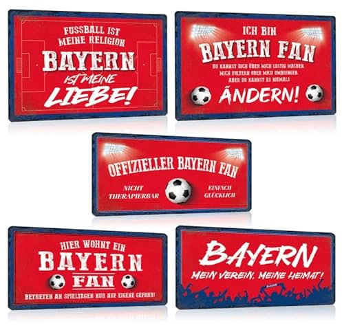 5er Set Fußball Blechschilder - Fussball Metallschild mit Spruch - Sport Schild Deko Zubehör Geschenk Fanartikel für Bayern Fan Liebhaber Begeisterte