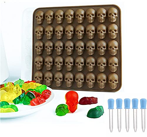 Joyeee Moldes de silicona para Halloween, calavera de 40 cavidades con 5 goteros, moldes para dulces de chocolate para galletas de resina, fondant, gelatina, colores aleatorios