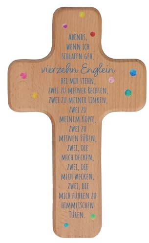 Butzon & Bercker Kinderkreuz aus Buche Vierzehn Englein 18x11cm – farbig bedruckt mit christlichen Symbolen – modernes Holzkreuz zur Taufe, Kommunion, Einschulung