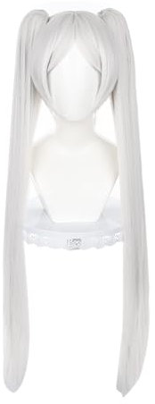 Anime Frieren Cosplay Perücke für Sousou no Frieren, lange silberweiße Haarperücken mit 2 abnehmbaren Pferdeschwänzen für Frauen und Mädchen