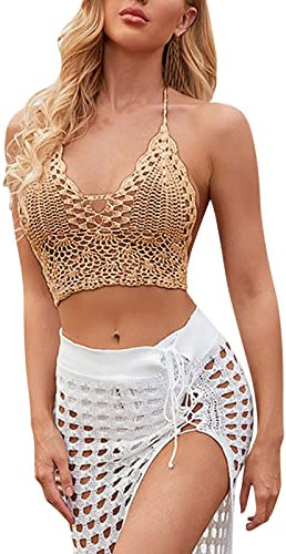 Bikini Cover Up Top Damen Cover Up Strand Oberteil Gestricktes Gehäkeltes Crop Top Strandponcho Sommer Neckholder Tankini Oberteil Strand Häkeln Bikini BH Hollow Out Knit Swim Bustier Crochet Crop Top