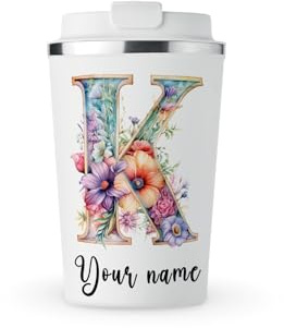MAXIKIWI - Personalised Insulated Double Walled, Leakproof Stainless Steel Mug, Coffee or Tea Travel Tumbler with Lid, Keep Drinks Hot and Cold - Flower Alphabet Watercolor - 350ml