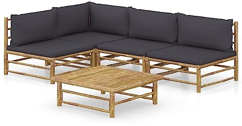 KTHLBRH Outdoor Lounge mobili da giardino esterno balcone tavolo e sedie 5 pezzi set salotto giardino con cuscino grigio scuro bambù