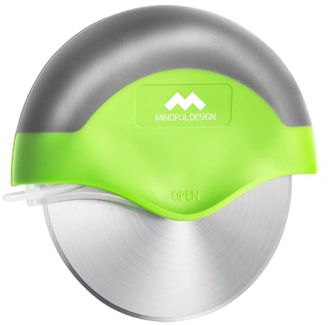 Mindful Design Pizzaschneider-Rad mit schützender Klingenabdeckung, leicht zu reinigen und spülmaschinenfest, ergonomischer Pizzaschneider (Grün)