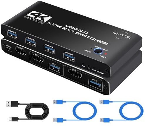 IVIVTOR Commutateur KVM USB 3.0: 4K@60Hz KVM Switch Brancher 2 PC Sur 1 Ecran - 4 USB Ports Pour Clavier Souris Clé Disque Dur Externe Imprimante Scanner