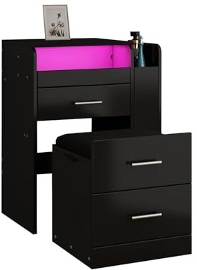 Schwarz Schminktisch mit LED Beleuchtung Aufklappbarer Spiegel Kosmetikkommode 3 Schubladen und Fächern & Hocker für Schlafzimmer Wohnzimmer