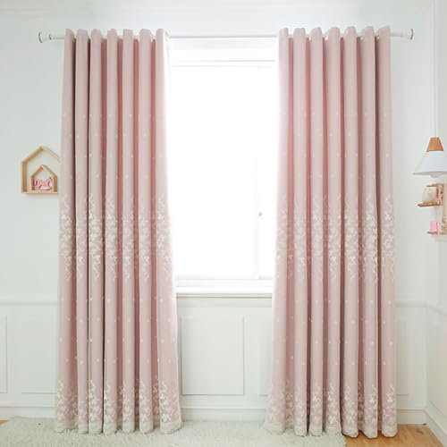 Beydodo Rideau Chambre Occultant, Rideaux Polyester Uni Rose avec Voilage Brodé, Rideau a Oeillet Lot de 2 132x229cm