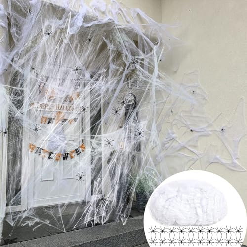 HSLPSM 60g Spinnennetz,30St Plastik Spinnen,Gruselig Halloween Dekoration Spinnweben für Outdoor Indoor Garten,Esstisch,Tür,Decke,Fenster,Horror Spukhaus Hof Grusel Deko Spinnennetze,Spinnenweben Deko