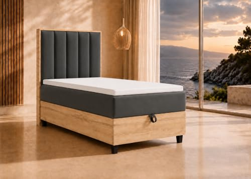 Best For Home Boxspringbett Trinity K10 100x200 | Einzelbett mit Bettkasten | Massivholzrahmen & Bettkasten mit Ergonomisches Polsterkopfteil, Stauraum Für Bettwäsche und Bonellfederkern mit Topper